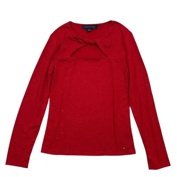 Tommy Hilfiger Red Lurex Twist Neck Top Women’s XS Long Sleeve Cutout NWT - Picture 3 of 10
